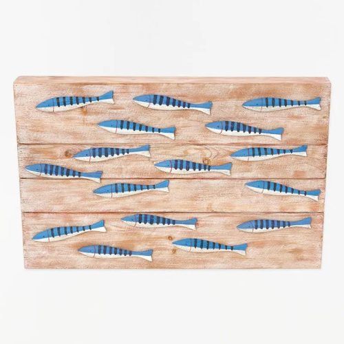 Caja de madera con banco de peces blancos y azules