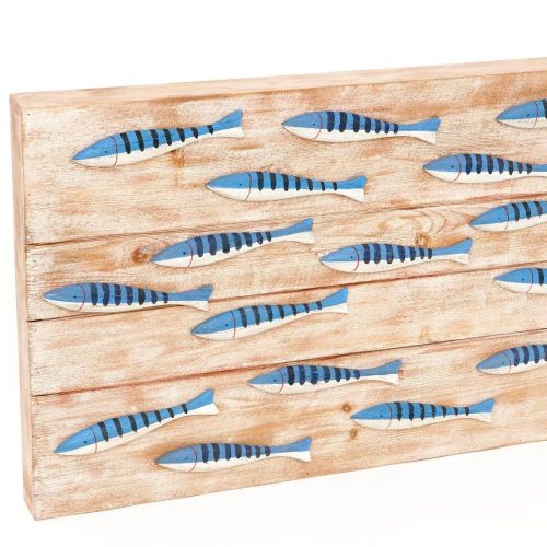 Caja de madera con banco de peces blancos y azules
