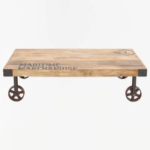 Mesa baja de madera con ruedas