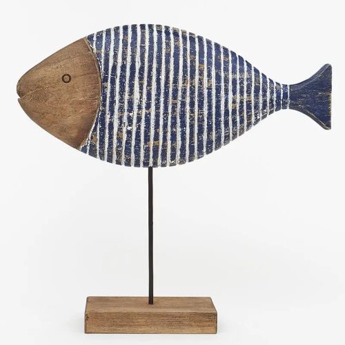 Pez azul de madera con base