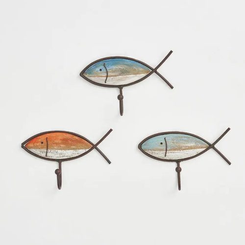 Set de 3 percheros pez de madera y metal set 3